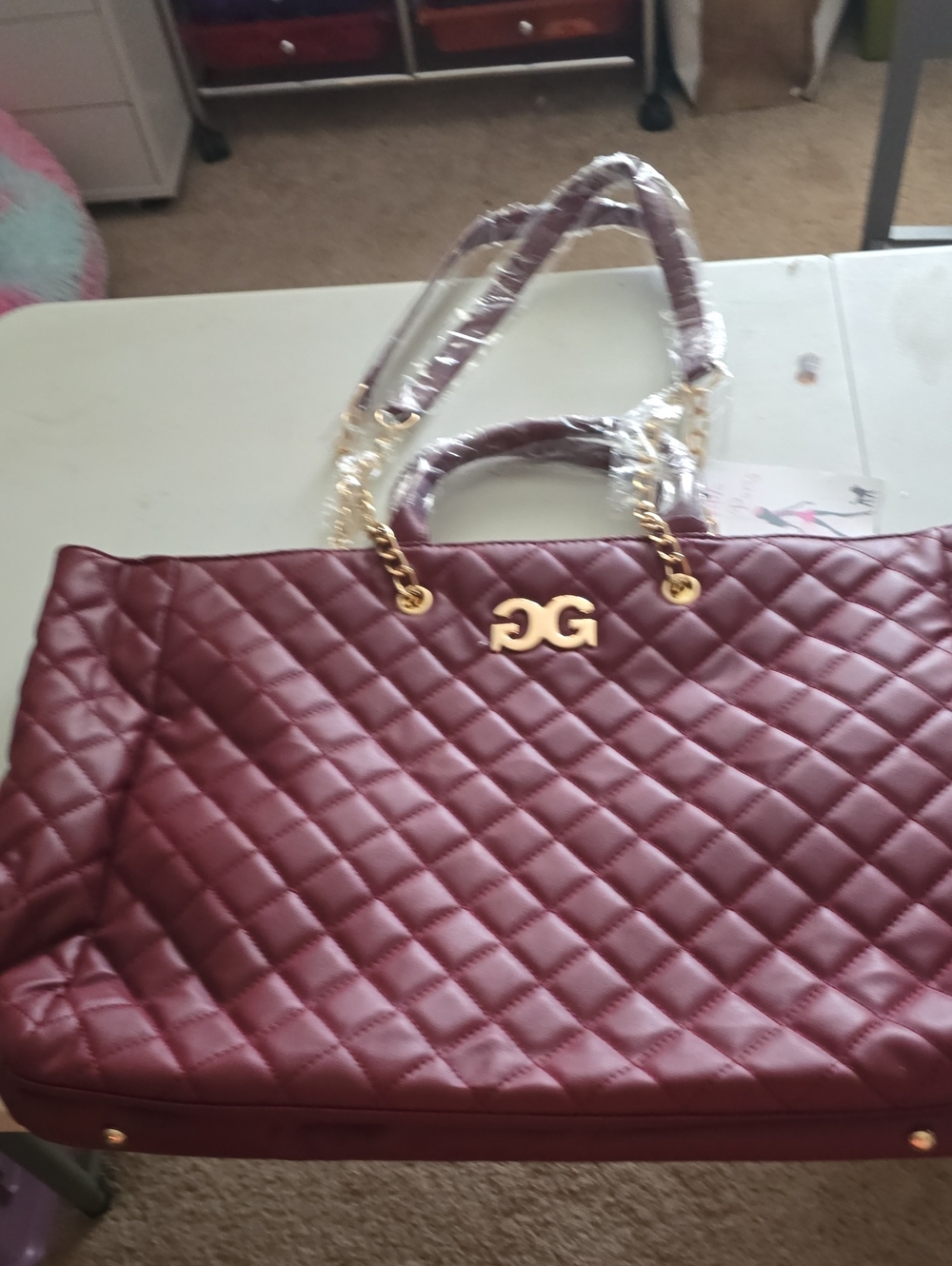 Quilted Tote Bag with Gold Chain Handles - Wine